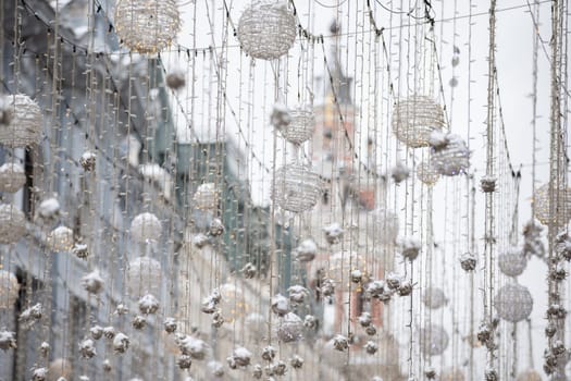 Winter Christmas light decoration on Nikolskaya street.