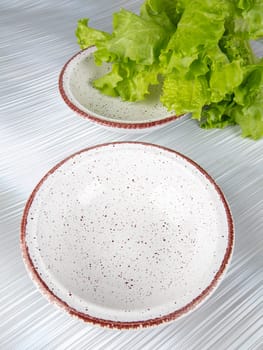 Ceramic clay plate with dark edging on gray background