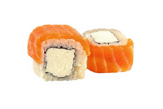 Sushi roll on a white background with Philadelphia cheese, tuna in sesame crumbs, sprinkled with soy sauce.