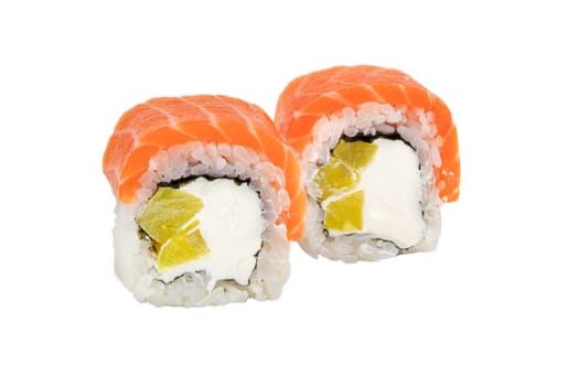 Sushi roll on a white background with Philadelphia cheese, tuna in sesame crumbs, sprinkled with soy sauce.