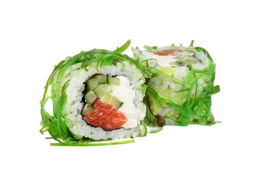 Sushi roll on a white background with Philadelphia cheese, tuna in sesame crumbs, sprinkled with soy sauce.