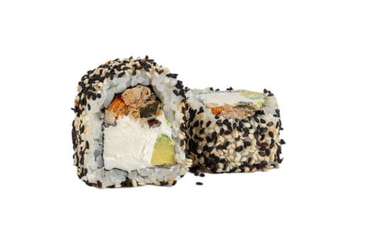 Sushi roll on a white background with Philadelphia cheese, tuna in sesame crumbs, sprinkled with soy sauce.
