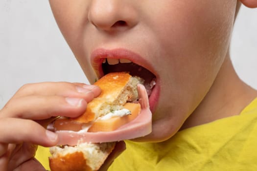 The child's hands hold a delicious sandwich near his mouth.