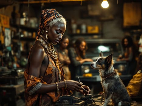 Stylish young black woman in traditional African clothes assembling an engine part in a garage with her border collie nearby. Ai generated