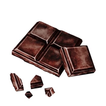 Chocolate bar watercolor composition. Hand drawn pieces of dark chocolate bar on isolated white background. Clip art of sweet dessert. Ideal for logo and packaging of sweets, coffee shop menu and recipes. High quality illustration