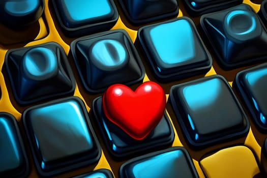 A vibrant red heart sits prominently on black and blue keyboard keys, representing affection and digital connection.