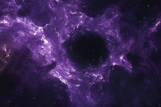 A vibrant cosmic swirl of purple and black showcases the vastness of deep space, filled with swirling gases and distant stars.