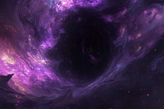 An expansive view of swirling purple cosmic clouds filled with stars, creating a surreal and celestial atmosphere in space.