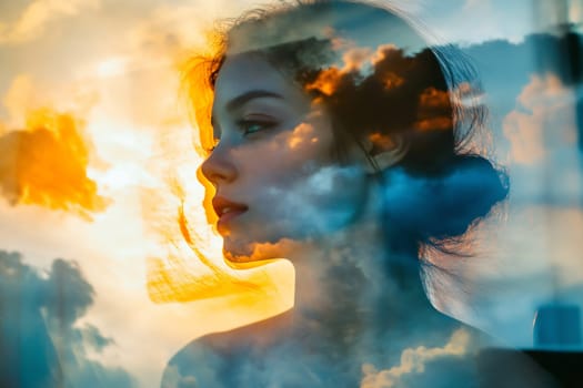 A young woman is shown in profile, with ethereal clouds and colors reflecting on her face, creating a surreal atmosphere at sunset.