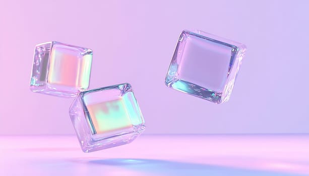 Three transparent ice cubes hover against a pastel background, reflecting light and creating a colorful display of holographic effects.