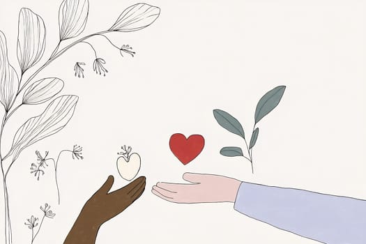 Two hands, one dark and one light, exchange symbols of love, surrounded by delicate plants and uplifting elements of nature.