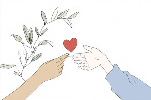 Two hands extend towards each other, one touching a red heart, surrounded by gentle foliage, symbolizing connection and love.