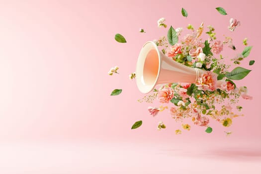A vintage megaphone emits a burst of colorful flowers and leaves against a soft pink background, creating a vibrant display of nature.