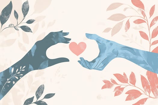 Two artistic hands reach toward each other to form a heart shape, surrounded by colorful leaves, symbolizing connection and love.