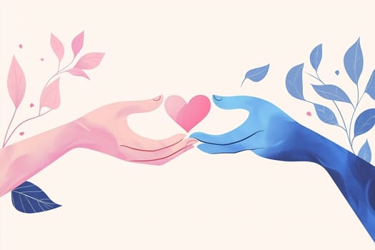 Two hands, one pink and one blue, delicately exchange a pink heart surrounded by colorful leaves, symbolizing connection and affection.