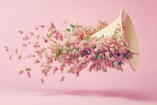 A loudspeaker releases a beautiful array of colorful flowers, blending nature with music in a creative and artistic display.