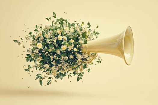 A vintage horn speaker transforms into a vibrant bouquet, releasing colorful flowers and green leaves into the air, showcasing creativity.