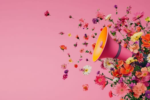 A vibrant pink background features a large orange megaphone surrounded by an array of colorful flowers that seem to burst outward.