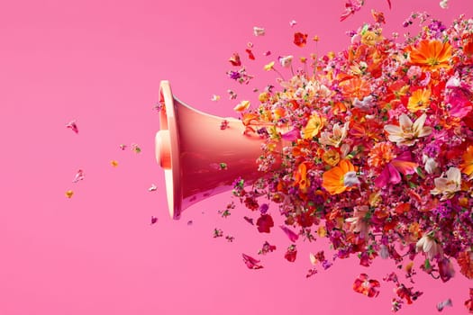 Colorful flowers and butterflies burst out from a pink cone against a vivid pink background, creating a lively and joyful atmosphere.