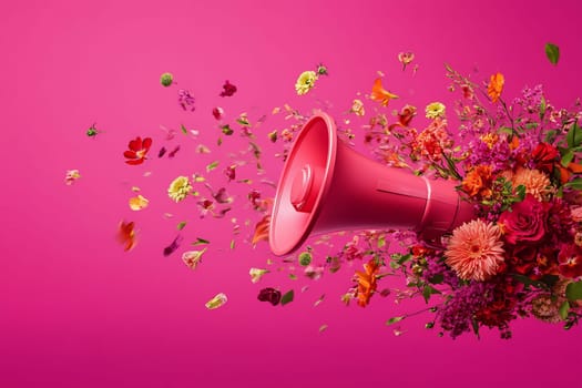Colorful flowers burst out of a pink megaphone against a vibrant pink backdrop, showcasing a blend of nature and creativity.