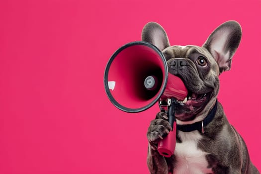 A playful dog holds a megaphone, expressing excitement against a vibrant pink backdrop. The atmosphere is lively and energetic.