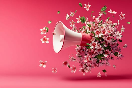 Bright pink background features a megaphone bursting with delicate pink flowers, creating a lively and colorful display of nature and sound.