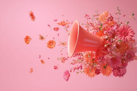 Bright pink flowers burst from a coral cone against a soft pink backdrop, creating a lively and cheerful atmosphere.