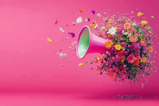 Vibrant flowers explode from a pink loudspeaker against a bold pink background, creating a lively and colorful visual display.