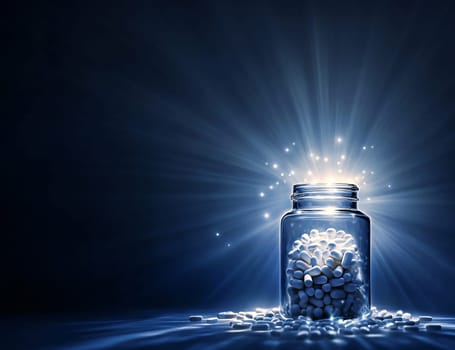 A glass jar filled with white pills emits a soft glow in a dark environment, creating an enchanting visual effect.