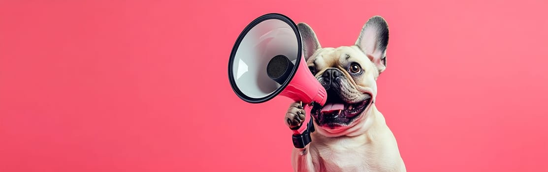 A cheerful dog holds a megaphone, expressing excitement against a vibrant pink background. The playful vibe radiates joy and enthusiasm.