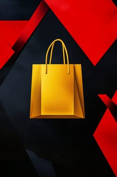 A yellow shopping bag floats on a vivid red geometric background, showcasing a striking contrast designed for a modern shopping aesthetic.
