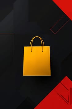 A yellow shopping bag hangs in the center against a dark textured background, creating a striking visual contrast.