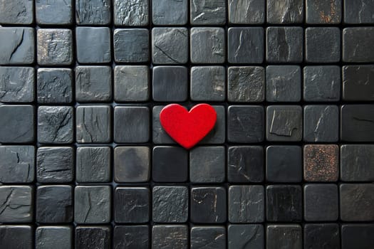 A bright red heart is positioned prominently among dark square tiles, creating a striking contrast that draws attention to the symbol of love.