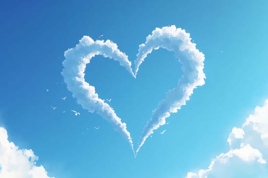 White clouds form a heart shape in a bright blue sky, creating a romantic and peaceful atmosphere during the day.