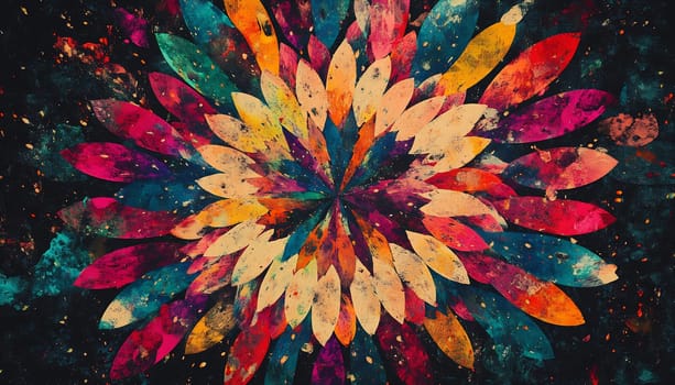 Vivid flower patterns in bright colors create a mesmerizing design, showcasing artistic flair and depth against a dark backdrop.
