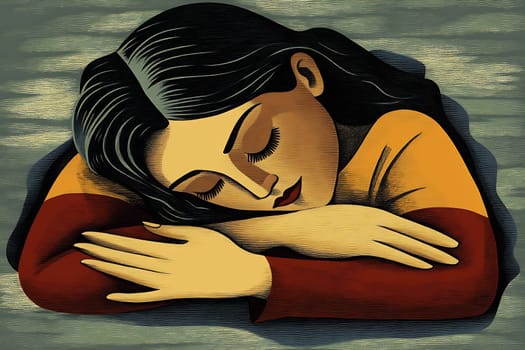 A young woman leans forward, resting her head on her crossed arms, expressing a moment of contemplation and peace.