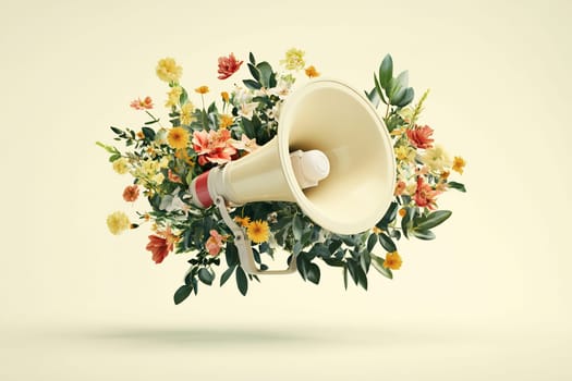 A loudspeaker surrounded by vibrant flowers highlights the fusion of sound and nature in a creative display.