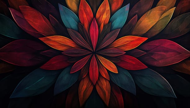 A vibrant arrangement of autumn leaves displays shades of red, orange, and teal, creating a striking floral pattern on a dark background.
