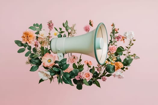 A megaphone surrounded by an array of colorful flowers against a soft pink background creates a lively and eye-catching display.
