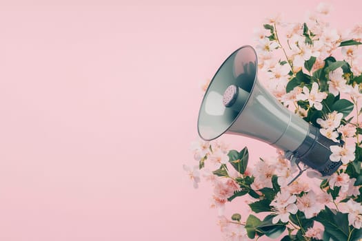 A megaphone is surrounded by delicate pink flowers against a soft pink background, combining nature with communication elements.