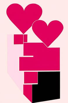 Abstract artwork features vibrant hearts and geometric shapes in bright colors, creating an eye-catching composition on a soft background.