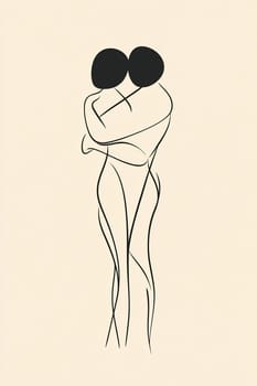 Two minimalist figures intertwine in a loving embrace against a soft background, capturing intimacy and connection through simple lines.