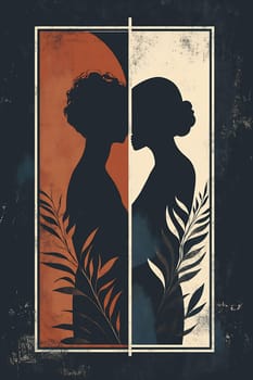 Two silhouetted figures stand close together, surrounded by abstract shapes and plant motifs, representing unity and difference.