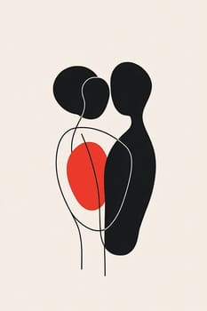 Abstract representation of two figures embracing, showcasing a red heart shape between them against a simple background.