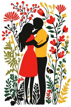 A couple in a loving embrace stands in front of vibrant floral designs, capturing a moment of romance and connection in nature.