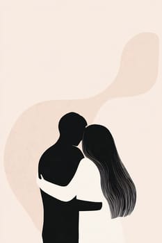 A couple stands closely together, sharing an intimate moment. Their bodies are silhouetted against a soft, muted background, symbolizing warmth.