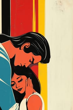 Two figures share a tender moment, enveloped in bold colors and expressive lines, highlighting affection and intimacy.