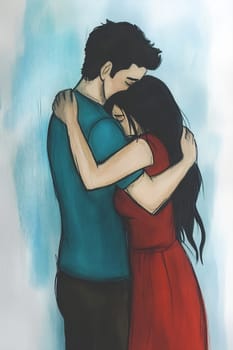 Two people share a heartfelt embrace, expressing love and comfort. The setting is soft and intimate, highlighting their connection.