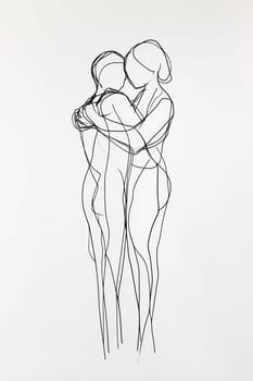 Two figures are depicted lovingly embracing each other in a minimalist line art style, showcasing connection and intimacy.