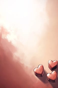 Three small heart shapes rest gently on a warm, pastel backdrop, capturing a feeling of love and warmth in a serene setting.